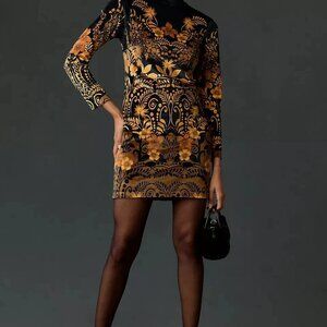By Anthropologie Long Sleeve Printed Velvet Mini Dress Black Yellow Motif Large